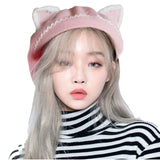 Bonnet beret chat kawaii en coton de mori rose